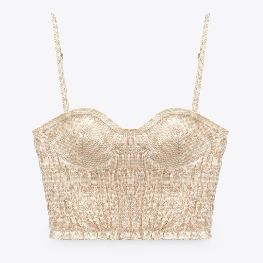 ZARA ruched beige gingham crop top